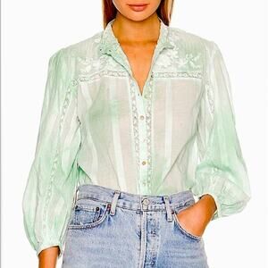 LoveShackFancy Ronda Embroidered Long Sleeve Blouse Floral Green Tie Dye Size L